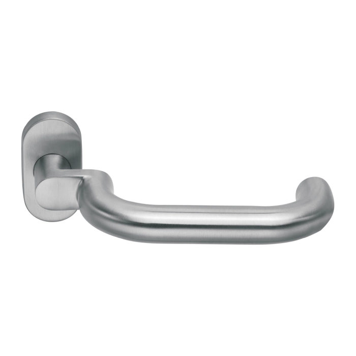 Tubular Lever Handle on Oval Rose 160mm Satin Stainless Steel | British Hardware