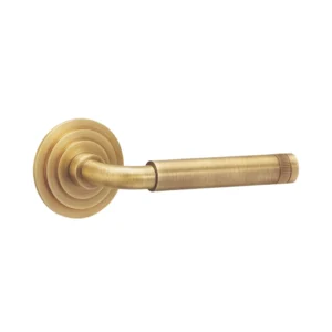 Brass Lever Handle on 6mm Round Rose with Escutcheons 140mm Length Matt Antique Brass British Hardware