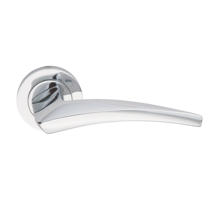 Brass Lever Handle on 6mm Round Rose with Escutcheons 132mm Length Polished Chrome British Hardware