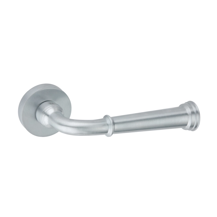 Brass Lever Handle on 6mm Round Rose with Escutcheons 145mm Length Satin Chrome British Hardware