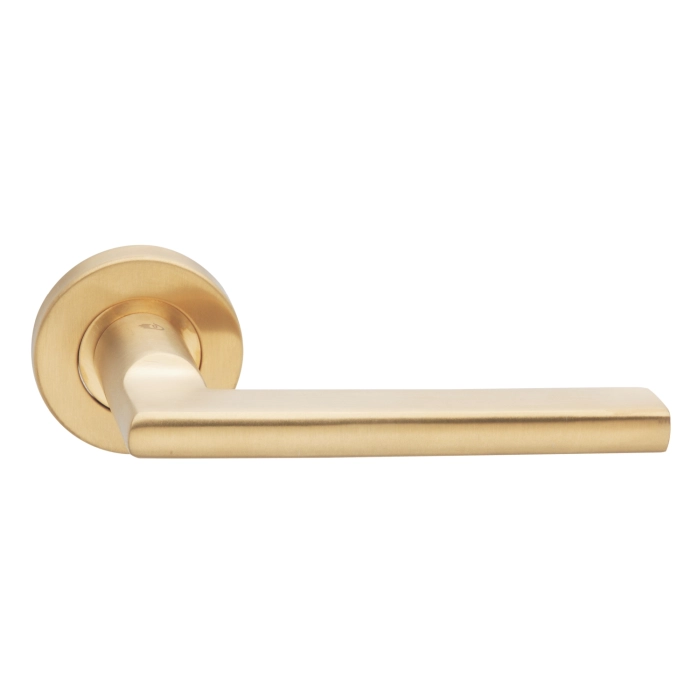 Stainless Steel Lever Handle on Square Rose with Escutcheons 4mm Thickness 135mm Length Satin Champagne Gold PVD British Hardware