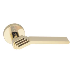 modern lever handle on round rose with escutcheons for interior doors