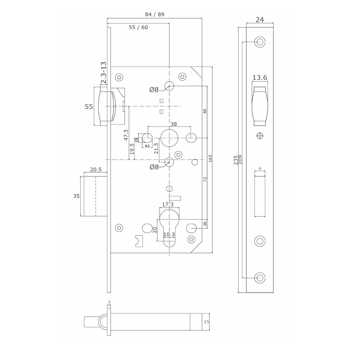 Stainless steel DIN roller bolt Euro dead lock with 55mm backset