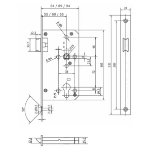 Stainless steel DIN mortise latch with 60mm backset