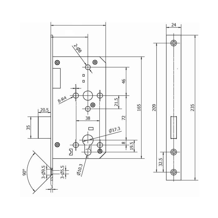 Stainless steel DIN Euro profile deadlock with 65mm backset