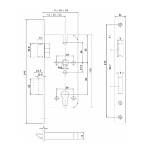 Stainless steel DIN quality mortise lock with 60mm backset for doors