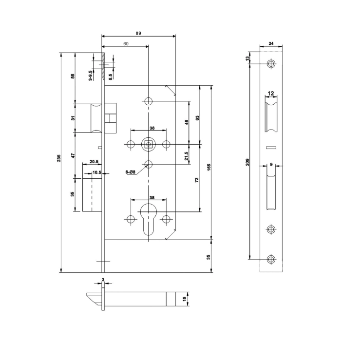 Stainless steel DIN Euro profile escape lock with 60mm backset