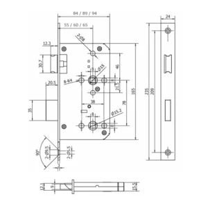 Stainless steel DIN bathroom mortise lock with 55mm backset