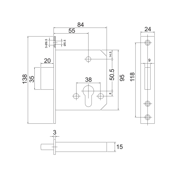 Stainless steel DIN flat deadlock for doors