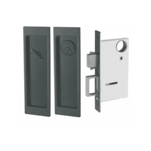Key and turn flush pull handle set with lock for pocket doors