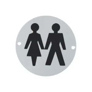 stainless steel circular unisex signage for toilets, restrooms, and public areas