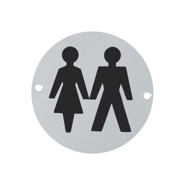 stainless steel circular unisex signage for toilets, restrooms, and public areas