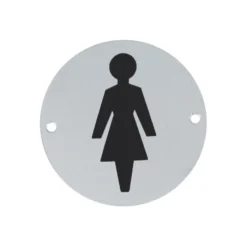 stainless steel circular female signage for toilets, restrooms, and public areas