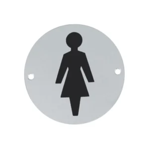 stainless steel circular female signage for toilets, restrooms, and public areas